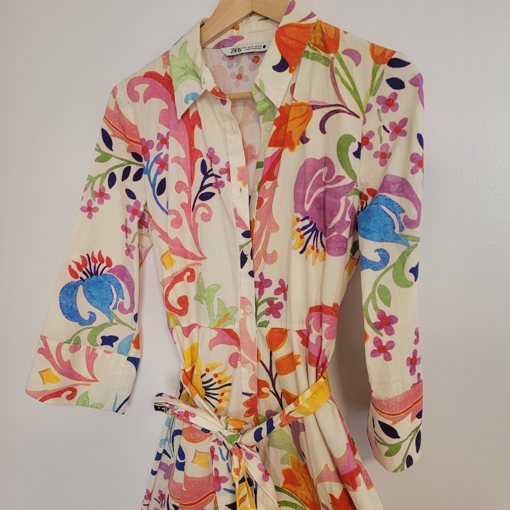 Zara Floral Midi Shirt Dress Long Sleeve Size S Tie Belt Watercolor Flowers - Picture 8 of 14